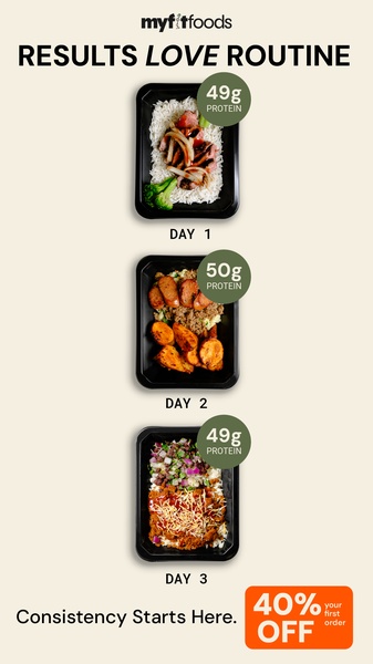 A vertical ad creative displaying three days of healthy meal prep containers, each labeled with protein content to emphasize a consistent, result-driven routine.